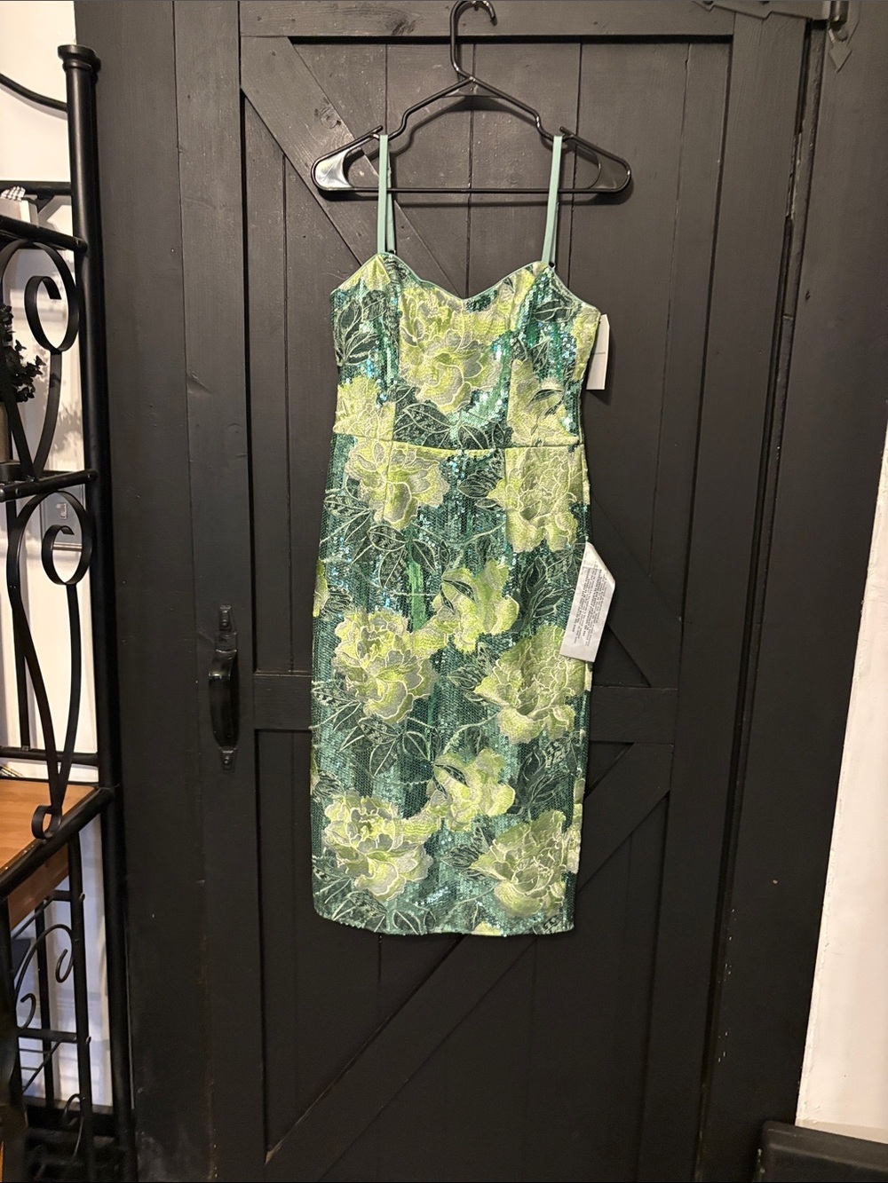 Dress the Population Green and Lime Floral Sequin Midi Dress